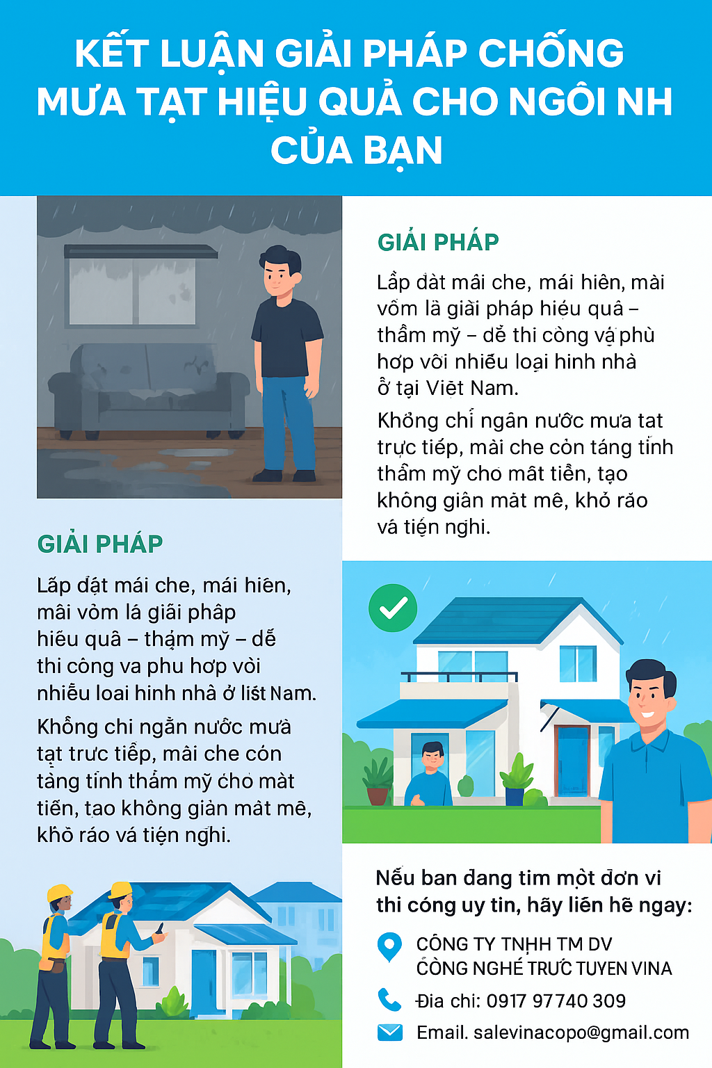 Kết luận giải pháp chống mưa tạt vào nhà hiệu quả bằng cách lắp đặt mái che, mái hiên, mái vòm – tăng thẩm mỹ, chống ẩm mốc, bảo vệ nội thất.