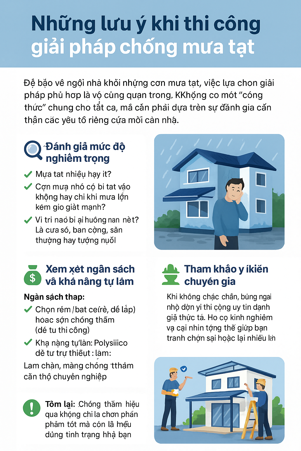Infographic hướng dẫn chi tiết các lưu ý khi thi công giải pháp chống mưa tạt vào nhà như đánh giá mức độ, xác định vị trí thấm dột, ngân sách và tư vấn chuyên gia