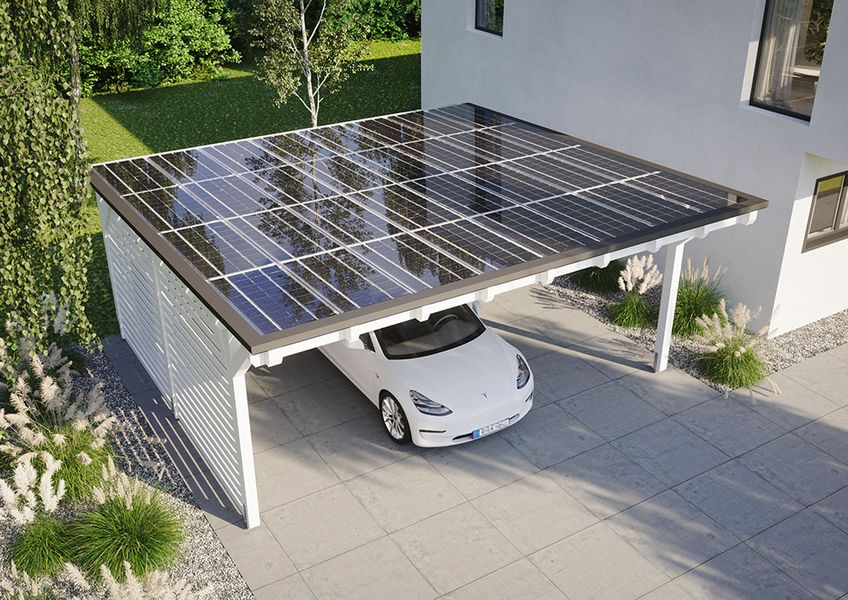Ảnh Solar carport, mái che tích hợp năng lượng mặt trời, bảo vệ xe và sản xuất điện sạch, thân thiện môi trường.