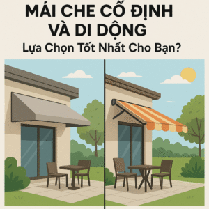 Minh họa so sánh mái che cố định và mái che di động trong không gian ngoài trời, thể hiện sự bền vững và linh hoạt.