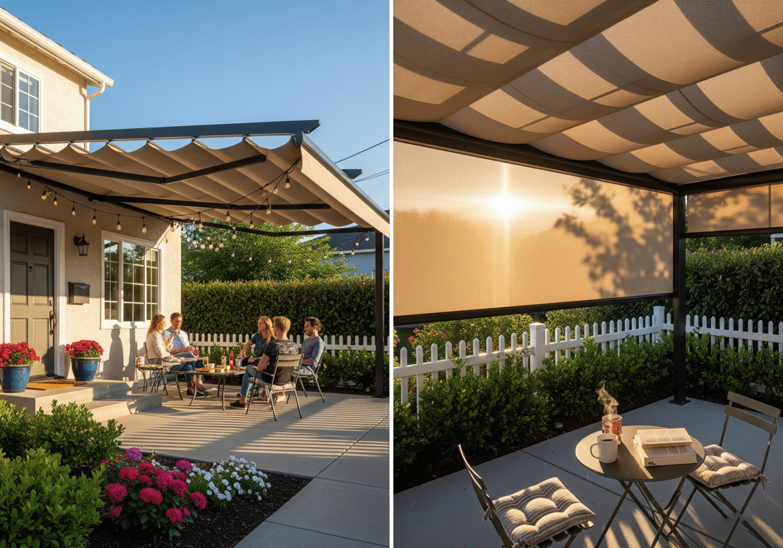 Mẫu 4: Mái xếp lượn sóng bạt PVDF tông be. Không gian biến hóa theo thời tiết lý tưởng cho sân tổ chức tiệc nhỏ, cafe sáng cuối tuần.