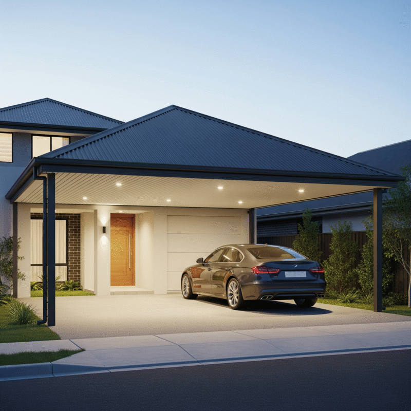 Mẫu 2: Khung hộp âm trần, tôn cách nhiệt màu xám đậm. Tạo trần liền lạc, giấu máng thoát nước; hợp gia chủ thích cảm giác “phòng hóa” cho sân để xe.