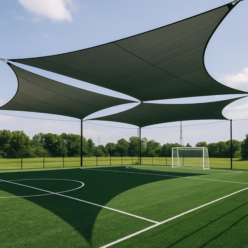 Mái che bạt căng Sail Shade cho sân bóng đá mini giúp chống nắng, giảm tia UV và tạo không gian thi đấu thoáng mát, hiện đại.