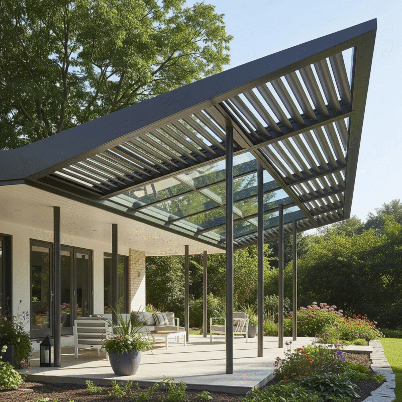 Mẫu 3: Mái cánh chim hai lớp, ngoài lam nhôm, trong kính. Ngày râm mở thoáng, ngày nắng hạ lam mặt tiền sống động, giảm bức xạ trực diện.