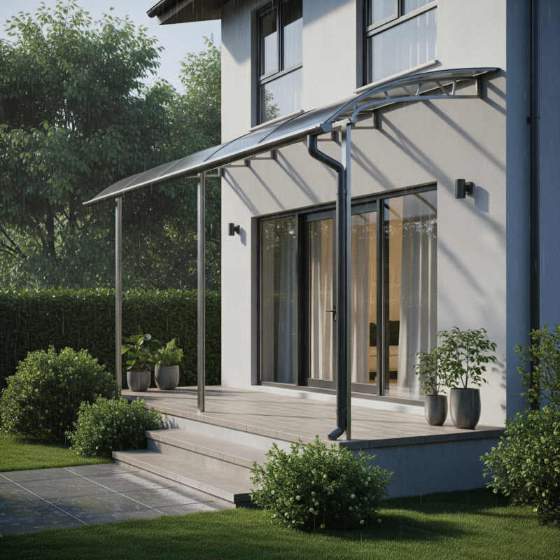 Mẫu 5: Poly rỗng ruột màu ghi khói trên khung inox, Giữ ánh sáng dịu, nhẹ, bền gỉ; phù hợp môi trường mưa nhiều, độ dốc tối ưu thoát nước.