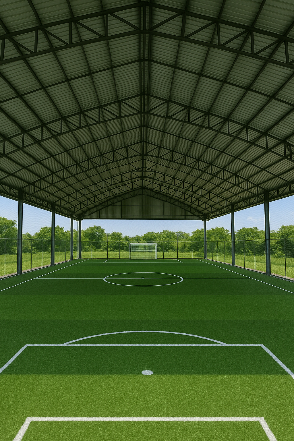 Sân bóng đá mini với mái che tôn chắc chắn, giải pháp lý tưởng cho thời tiết khắc nghiệt tại Việt Nam.