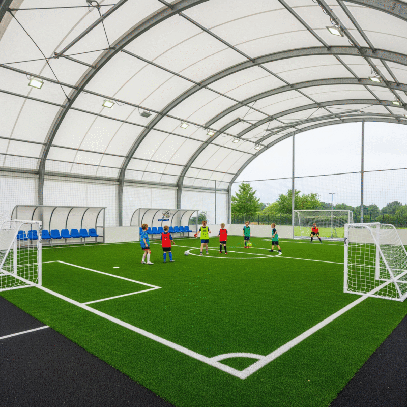 Mái lấy sáng polycarbonate che sân bóng đá mini giúp tận dụng ánh sáng tự nhiên, giảm nhiệt độ và bảo vệ người chơi khỏi tia UV.