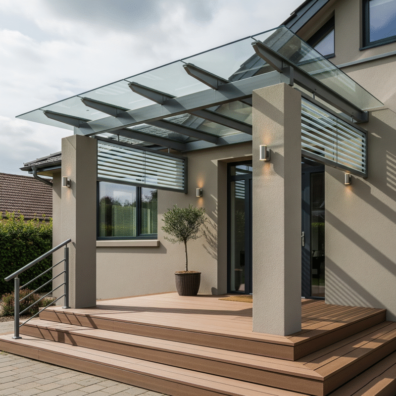 Mẫu 6: Kính cường lực 10–12 mm với pát nhện. Cực kỳ tinh tế, “nhẹ mắt”; cần tính toán thoát nước và chống nóng bằng film gốm hoặc lam phụ.