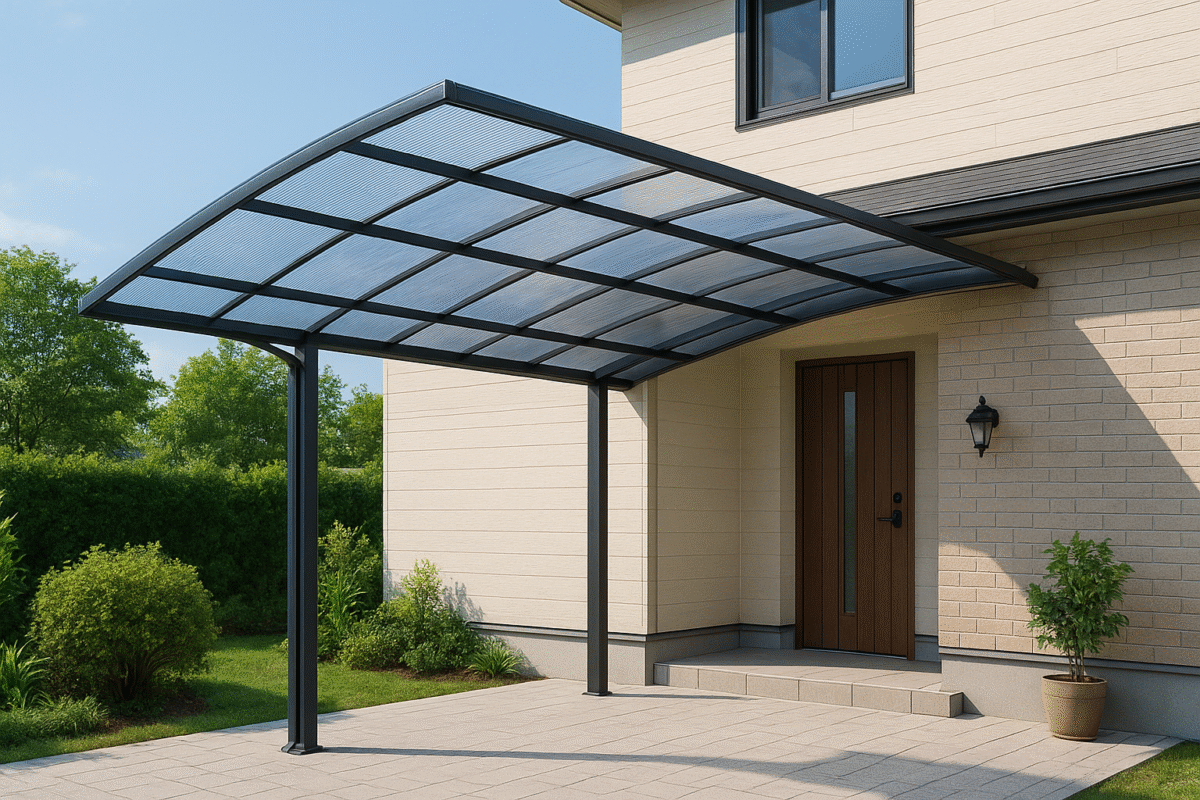 Mái che sân trước nhà bằng tấm nhựa polycarbonate hiện đại, vừa lấy sáng hiệu quả vừa che ô tô.