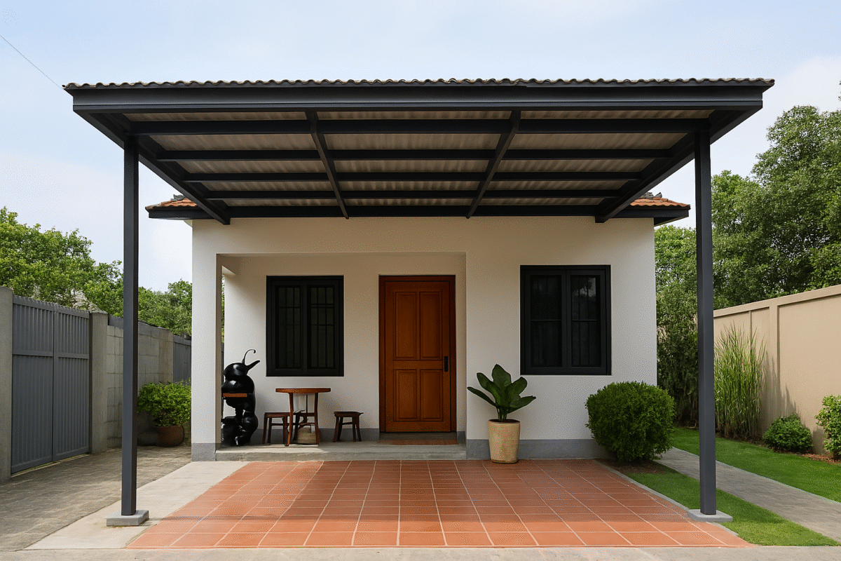 Hình ảnh mái che sân trước nhà làm bằng khung thép và tôn, thiết kế đơn giản, màu sắc hài hòa, tạo không gian thoáng mát và bảo vệ khỏi nắng mưa.