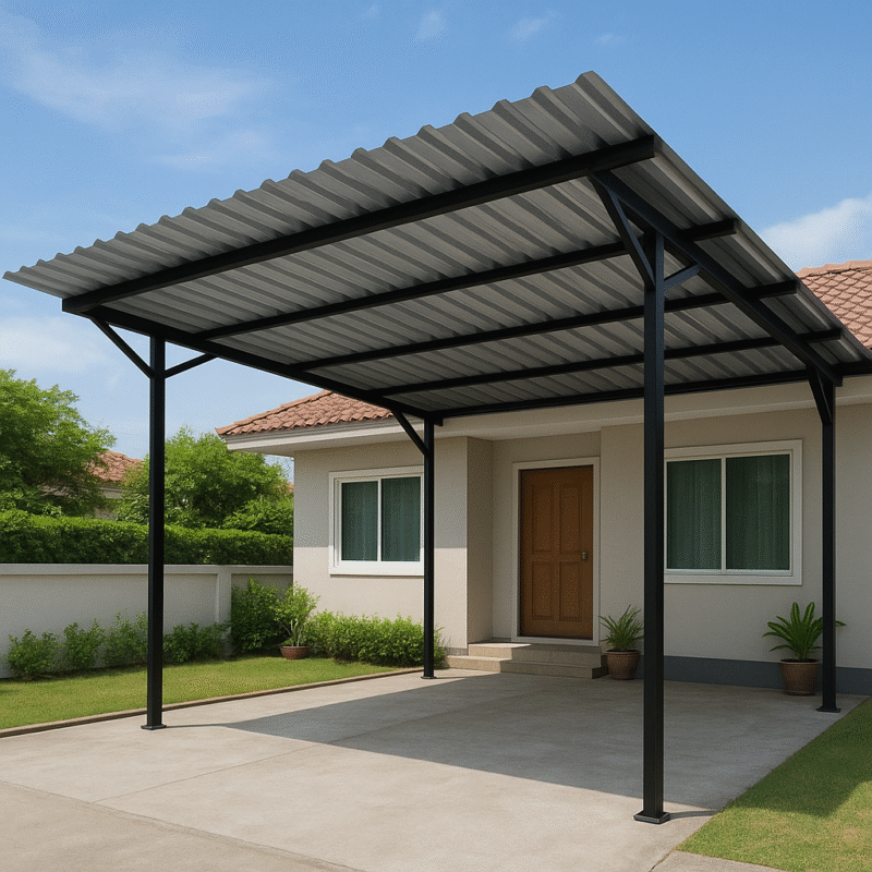 Mái che tôn khung thép che sân trước nhà hiện đại, thiết kế đơn giản và bền đẹp.