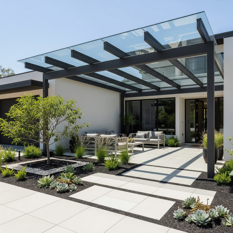 Tận hưởng không gian ngoài trời thoáng đãng với mẫu mái che sân trước bằng kính cường lực, kết hợp cùng khung nhôm tinh tế, tạo điểm nhấn kiến trúc độc đáo.