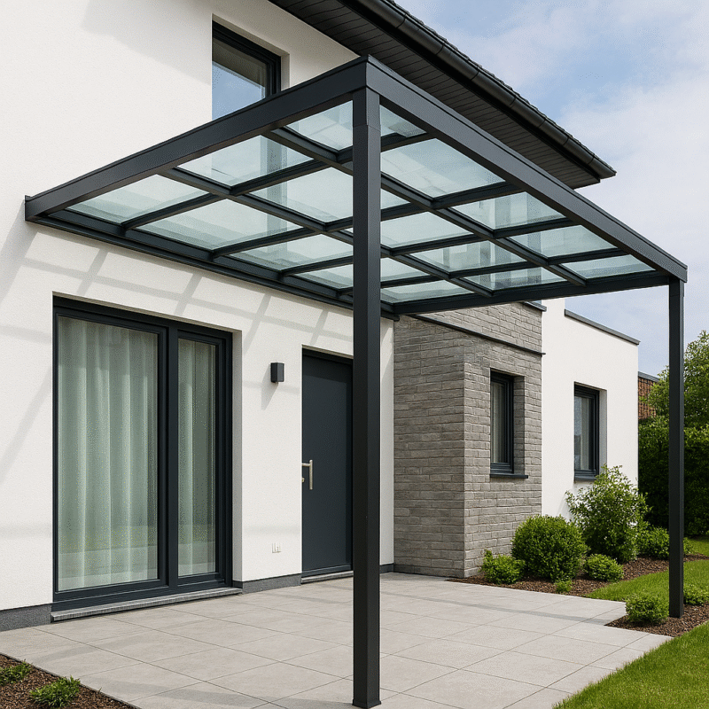 Mái kính cường lực khung nhôm hiện đại che sân trước nhà phố đẹp, lấy sáng tự nhiên, chống mưa hiệu quả.