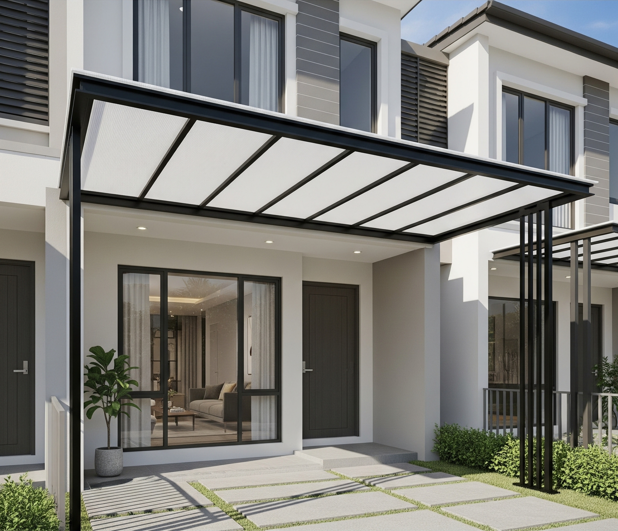 Mẫu 1: Hiện đại tối giản khung thép đen, mái poly đặc chống UV