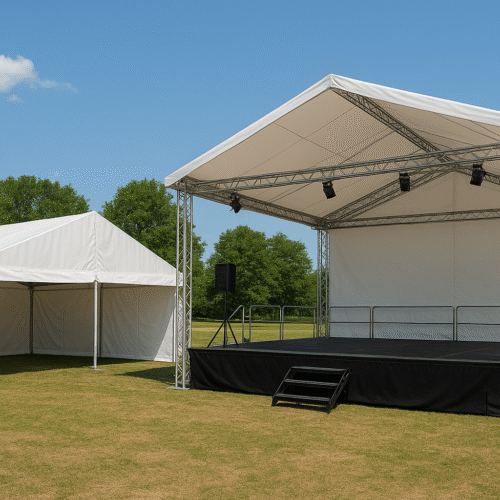 Sân khấu ngoài trời và gian hàng triển lãm với mái che bạt PVC di động, khung thép chắc chắn dùng cho hội chợ và sự kiện tạm thời