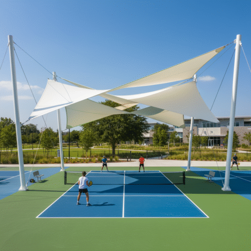 sân pickleball, mái che bạt căng, tensile fabric, sân thể thao ngoài trời, mái che chống UV, kiến trúc mềm mại, thiết kế bạt căng hiện đại