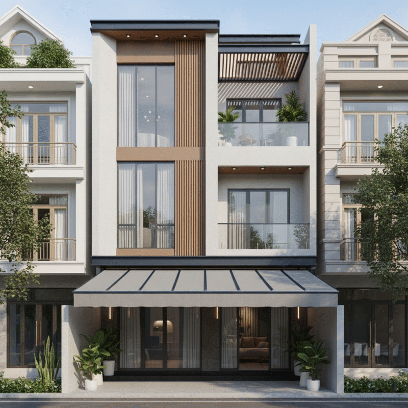 Mái bạt kéo tay che nắng mưa cho sân trước nhà phố, thiết kế khung inox bền đẹp.