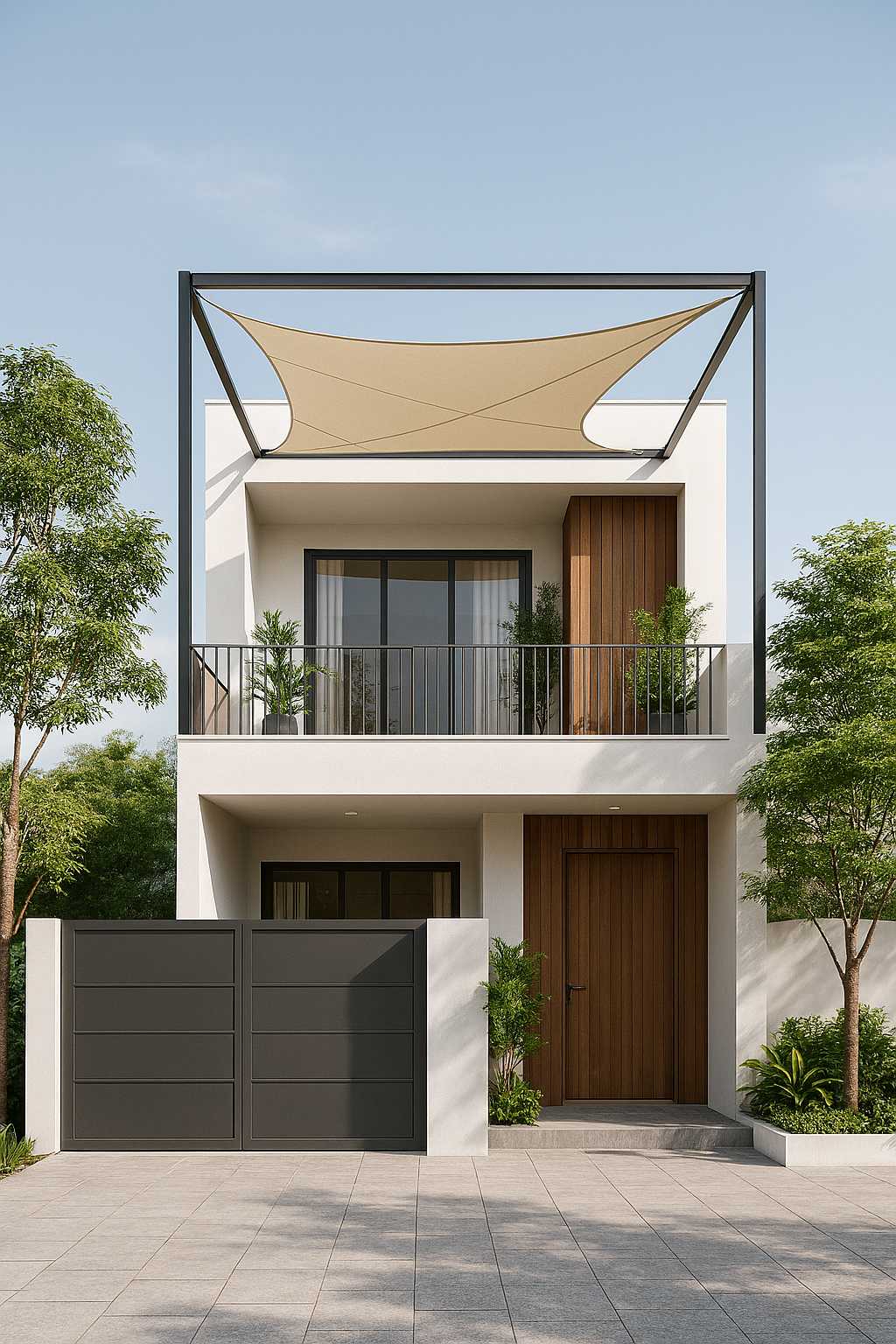 Mẫu mái che cánh buồm tạo điểm nhấn nghệ thuật cho mặt tiền nhà phố.