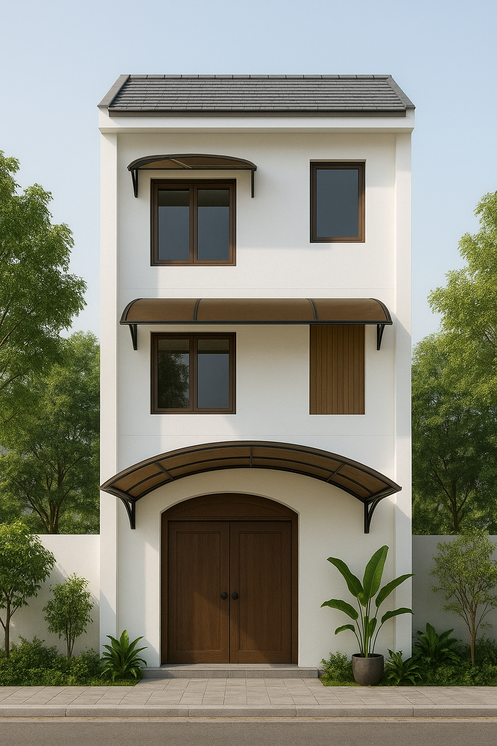 Mẫu mái che polycarbonate màu khói nâu cho nhà phố 3 tầng phong cách hiện đại, mái cong nhẹ, cửa chính và cửa sổ đều có mái che đồng bộ.