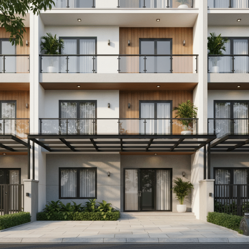 Mẫu mái kính cường lực với khung nhôm đen tinh tế, phù hợp phong cách tối giản.