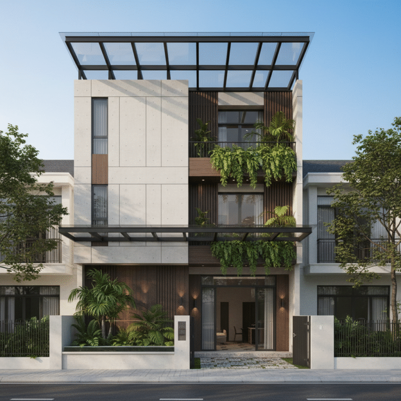 Mái kính cường lực sang trọng cho nhà phố hiện đại.