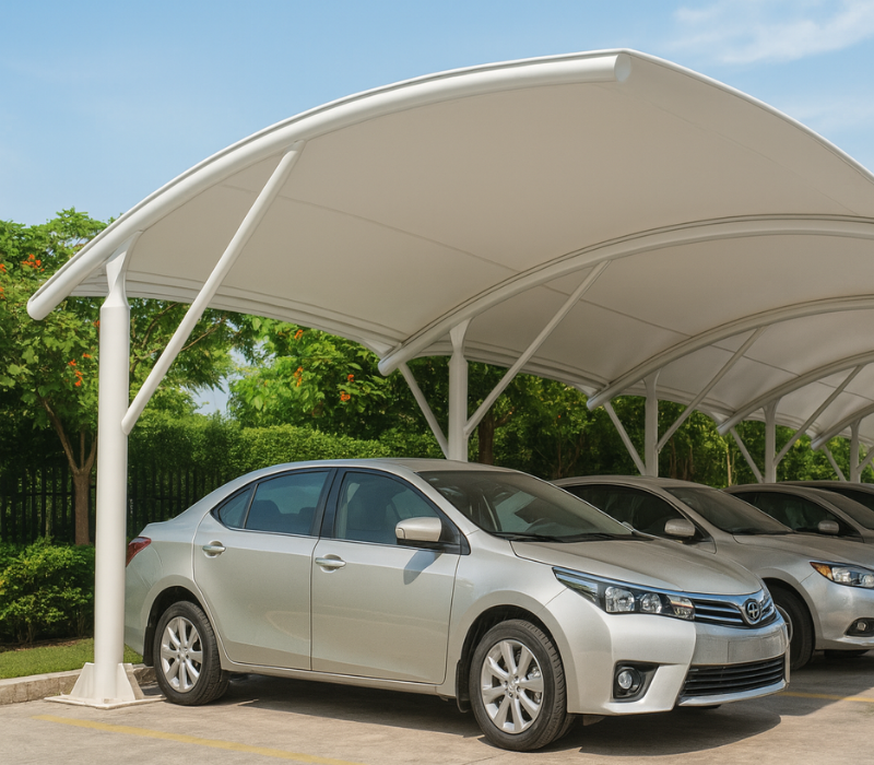 Mẫu nhà xe mái vòm là mẫu mái che có kết cấu uốn cong nhẹ hoặc cong hình bán nguyệt, giúp thoát nước nhanh, giảm áp lực gió và tăng độ bền cho toàn bộ công trình.