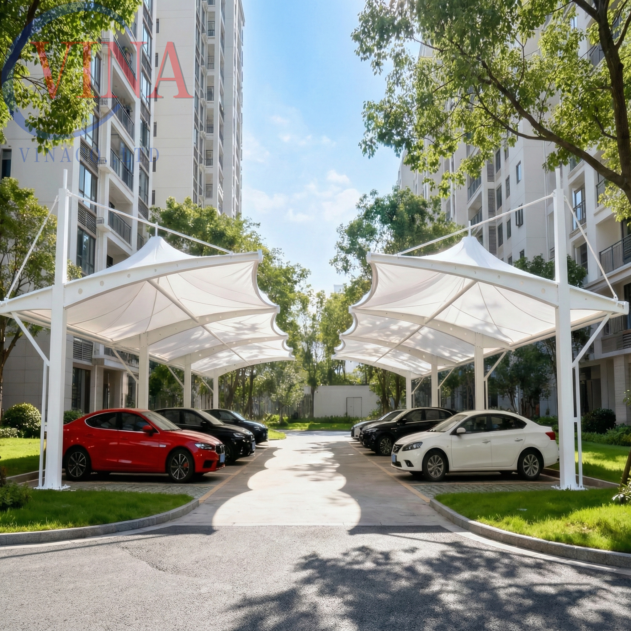 Hình ảnh mẫu mái che bạt căng kiến trúc màu trắng, thiết kế dạng vòm đôi hiện đại che nắng cho bãi đỗ xe ô tô tại khuôn viên chung cư.