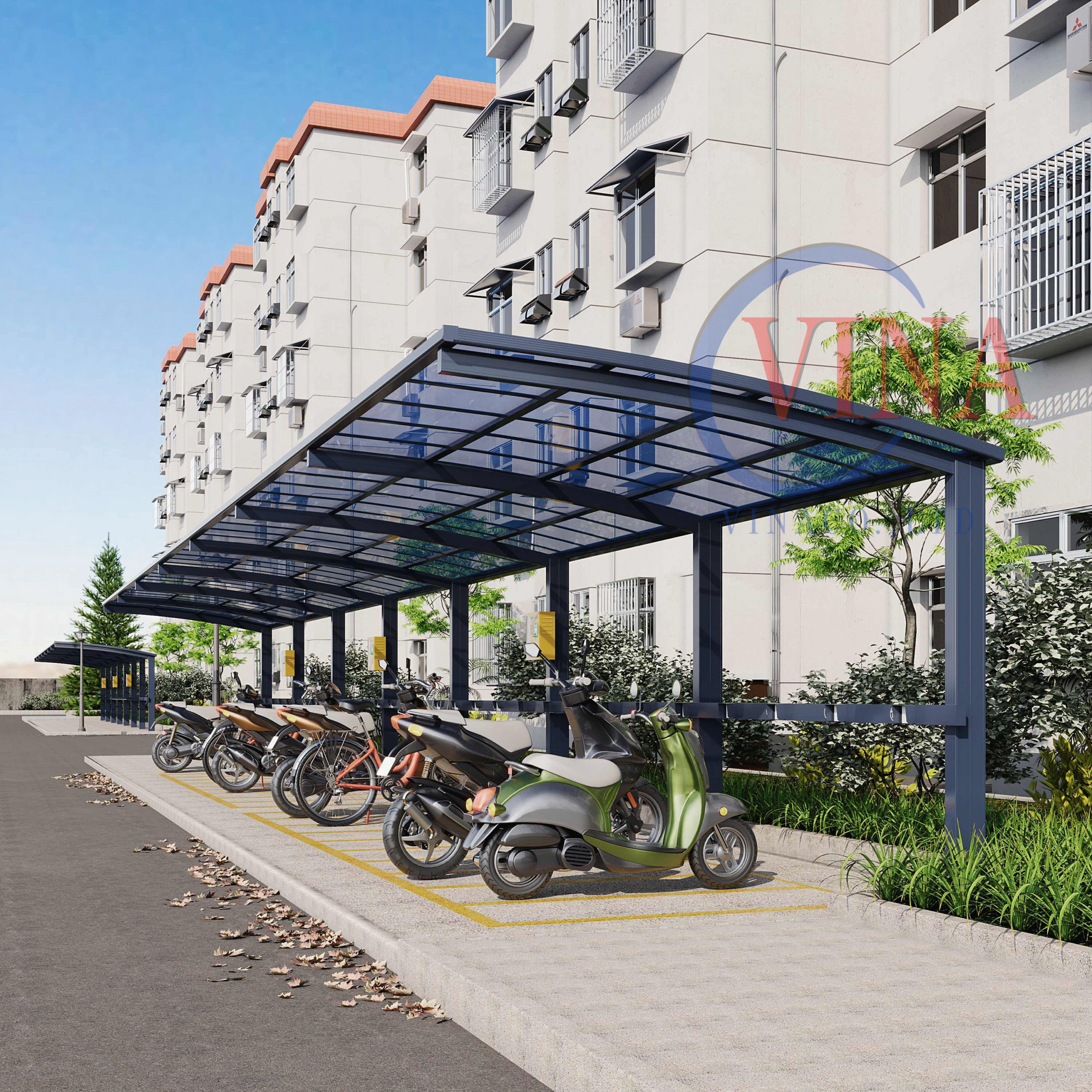 Bãi đỗ xe máy có mái che polycarbonate hiện đại tại chung cư cao cấp, thiết kế mái vòm cong chống nắng mưa hiệu quả, không gian sạch sẽ và nhiều cây xanh