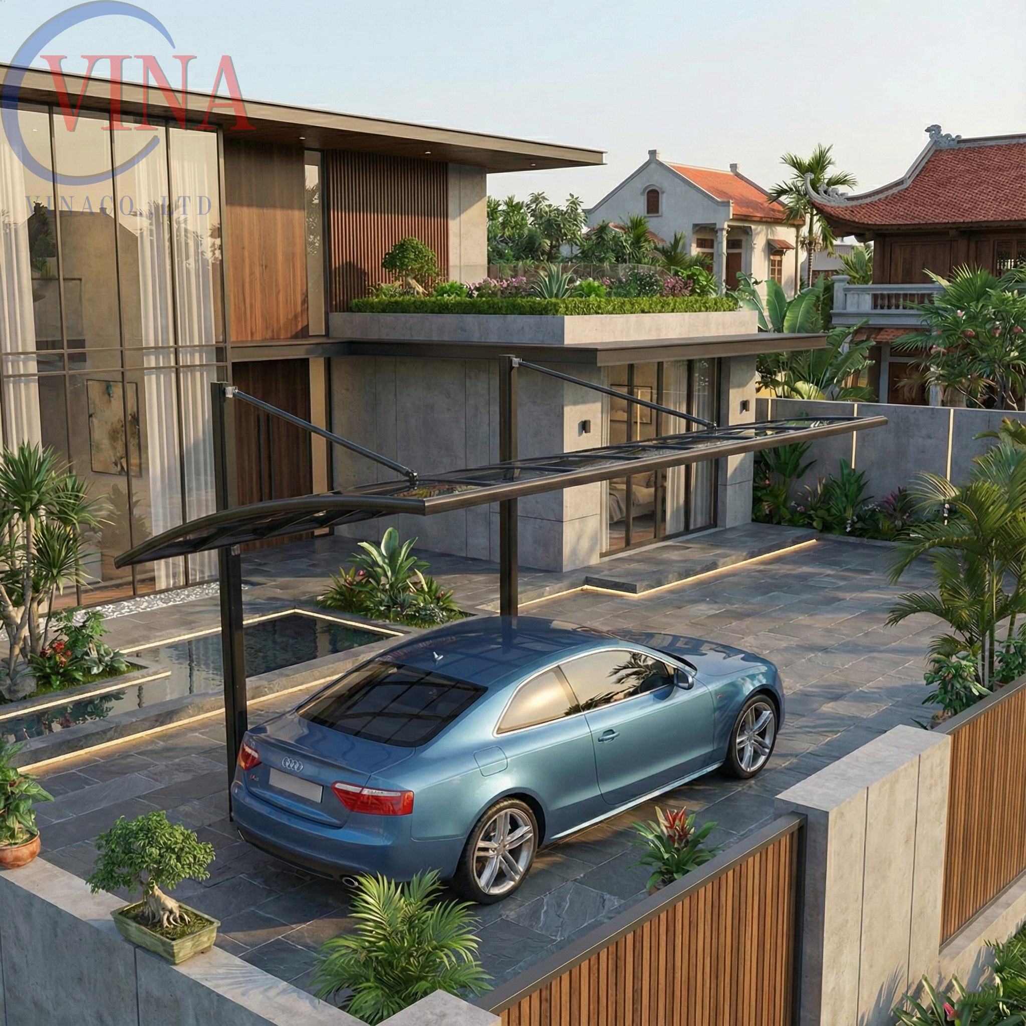 Mẫu thiết kế mái che ô tô ngoài trời phong cách hiện đại cho biệt thự cao cấp, sử dụng tấm lợp Polycarbonate lấy sáng. 