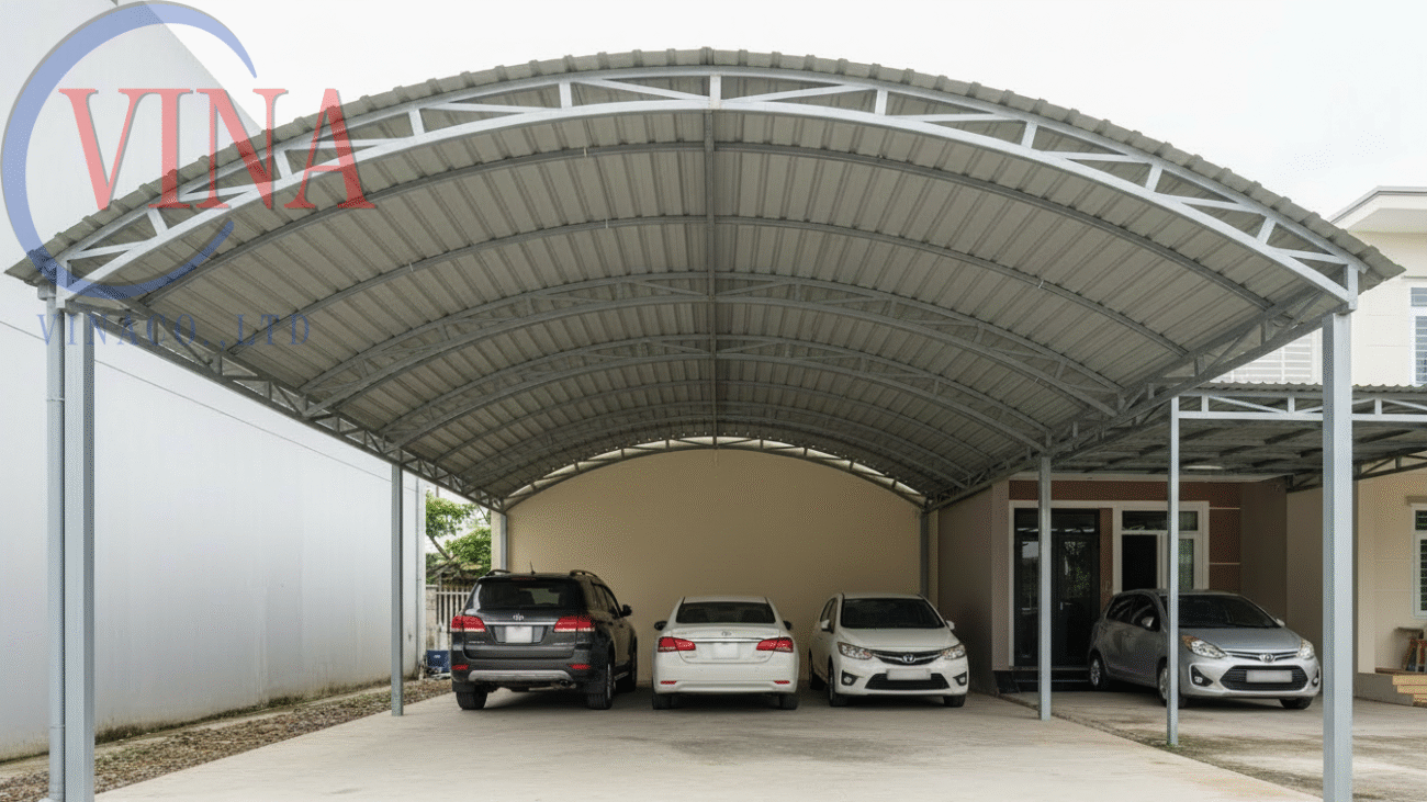 Mái vòm cố định bằng tôn uốn cong để xe ô tô, độ bền cao, chịu mưa nắng tốt, phù hợp nhà phố Việt Nam.