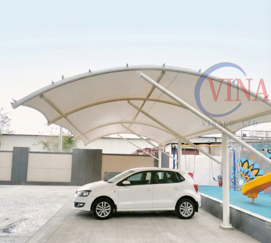 Nhà xe mái vòm bạt căng kiểu cánh buồm hiện đại cho nhà phố và biệt thự, thiết kế không cột giữa, thẩm mỹ cao, thi công nhanh