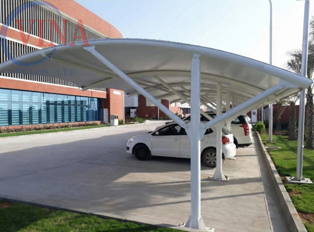 Nhà xe mái vòm membrane bạt căng PVDF hiện đại, thiết kế mái ngược không cột giữa, phù hợp bãi đỗ xe văn phòng, nhà máy, trường học