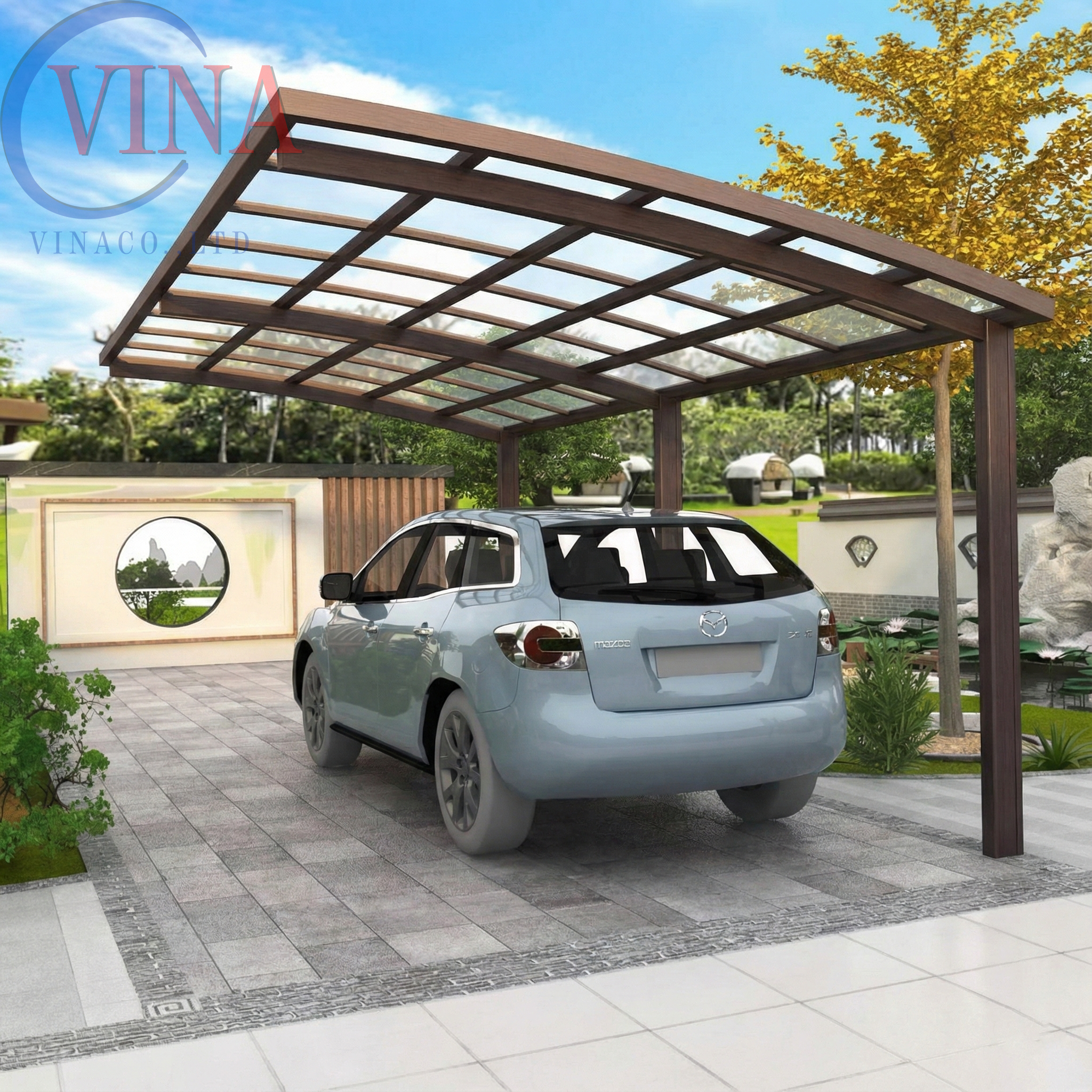 Thiết kế nhà xe sân vườn ngoài trời giúp bảo vệ xe hiệu quả.