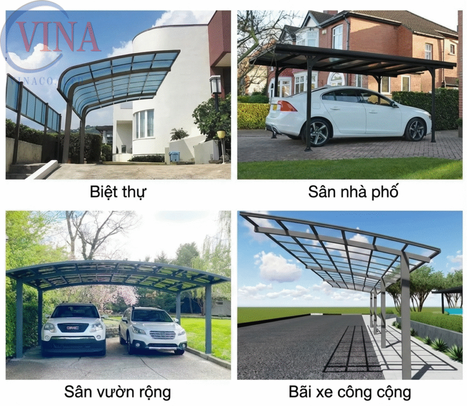 Tổng hợp các mẫu thiết kế nhà xe mái vòm thực tế cho biệt thự, sân nhà phố, sân vườn rộng và bãi xe công cộng.