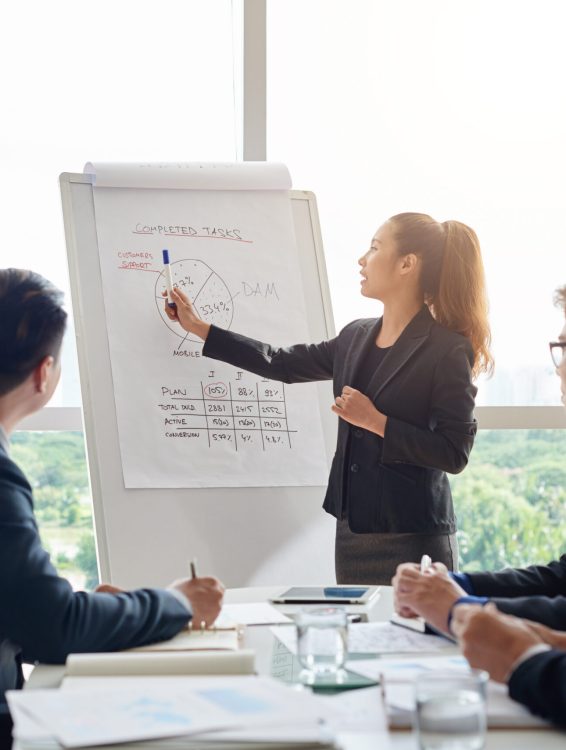 Attractive Asian businesswoman with ponytail pointing at diagram on marker board while holding working meeting in spacious boardroom