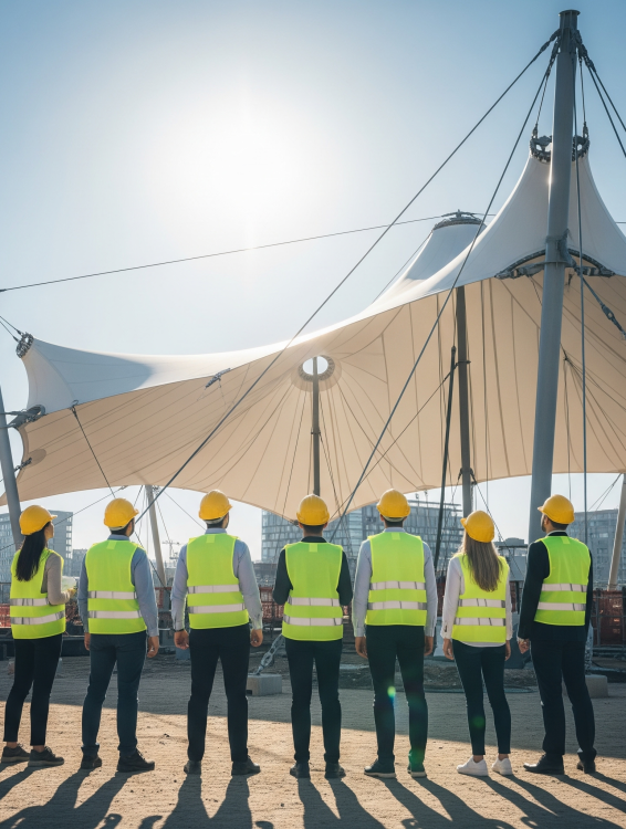 Các chuyên gia của VINA đang làm việc tại dự án bạt căng quy mô lớn, minh chứng cho tầm nhìn trở thành đơn vị tiên phong trong lĩnh vực kiến trúc bạt căng.